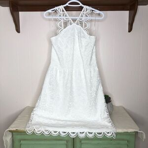 Kensie ﻿Women Scalloped Edge Lace Crochet Sleeveless Halter Mini Dress White S-M